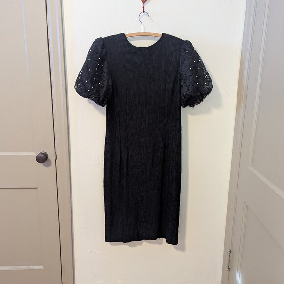 Vintage Lace Pearl Puff Sleeve Leslie Fay Dress Crepe Crinkle 80’s Holiday Party - Picture 7 of 10